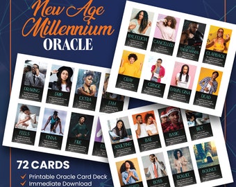 May include: An oracle card deck titled "New Age Millennium Oracle" with 72 cards. Each card displays a word and image, including "Draking," "Finna," and "Adulting." The deck is available as a printable card deck with immediate download.