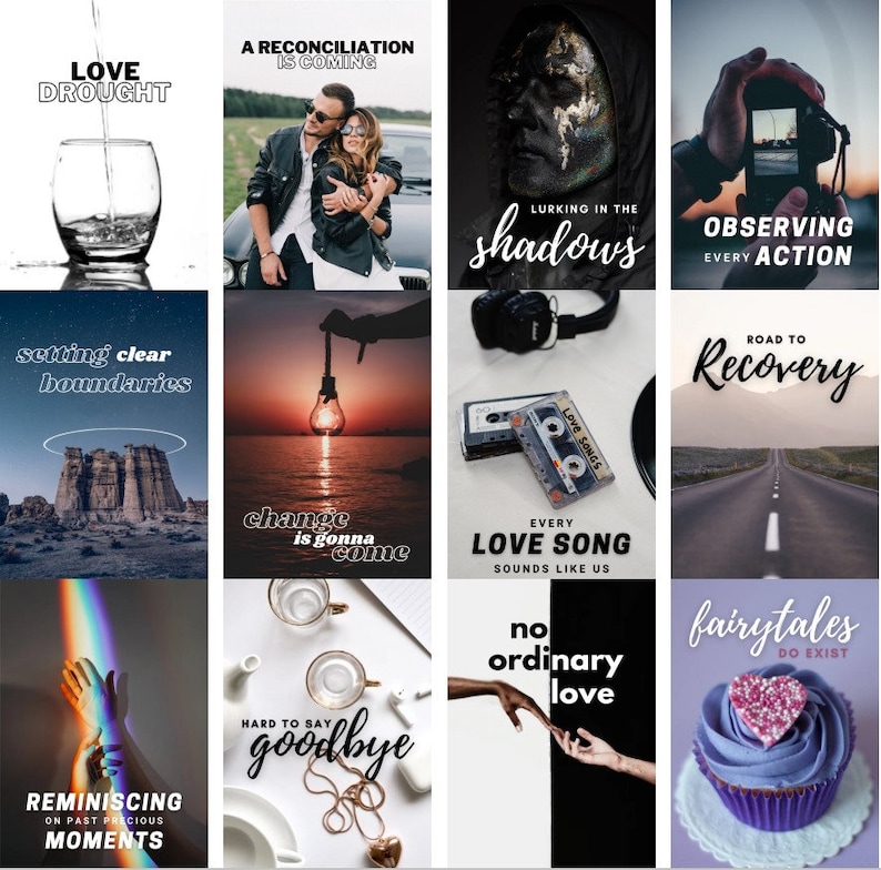 May include: A collage of images with text overlays. The images include a glass of water, a couple embracing, a dark figure, a hand holding a camera, a landscape with a castle, a lightbulb, a cassette tape, a road, hands reaching towards each other, a cup and a cupcake. The text overlays include phrases like "Love Drought", "A Reconciliation is Coming", "Lurking in the Shadows", "Observing Every Action", "Setting Clear Boundaries", "Change is Gonna Come", "Every Love Song Sounds Like Us", "Road to Recovery", "Hard to Say Goodbye", "No Ordinary Love", and "Fairytales Do Exist".