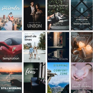 May include: A collage of 12 motivational quotes with images. The quotes include "surrender", "temptation", "still working on it", "union", "good ole times", "past is in the past", "living in fear", "mastering a karmic lesson", "stepping out of my comfort zone", "overcome self-imposed limiting beliefs", "rest & recovery before a restart", and "healing heart chakra".