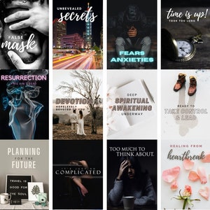 May include: A collage of 12 images with motivational quotes and phrases. The images include a person with their hands over their eyes, a city skyline at night, a person sitting with their head in their hands, a pocket watch, a couple standing in a forest, a blank page, a pair of brown boots, a person with their head in their hands, a cup of coffee, a rose with petals scattered around it, and a person holding a camera.