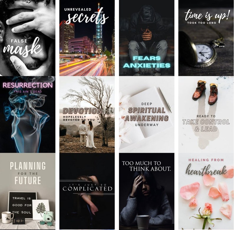 May include: A collage of 12 images with motivational quotes and phrases. The images include a person with their hands over their eyes, a city skyline at night, a person sitting with their head in their hands, a pocket watch, a couple standing in a forest, a blank page, a pair of brown boots, a person with their head in their hands, a cup of coffee, a rose with petals scattered around it, and a person holding a camera.
