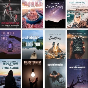 May include: A collage of 12 images with motivational quotes and phrases. The images include a canyon, a starry night sky, a hand holding a crystal ball, a lantern, a lake, a hand holding a phone, a light bulb, a person sitting on a couch, and a tree branch.