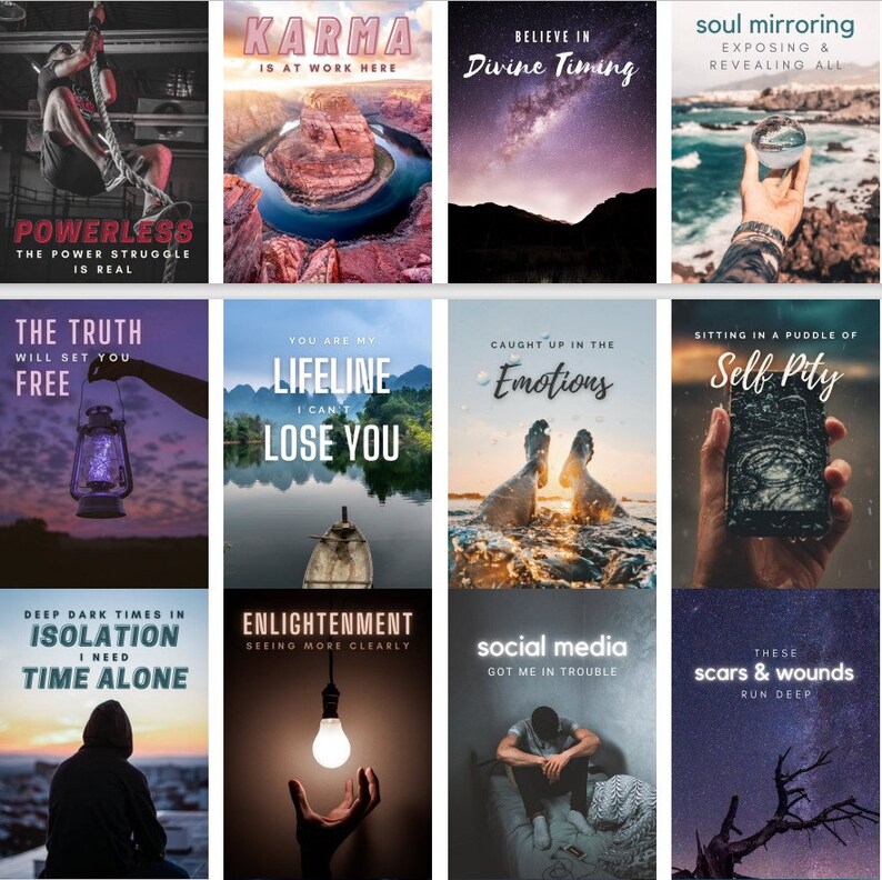 May include: A collage of 12 images with motivational quotes and phrases. The images include a canyon, a starry night sky, a hand holding a crystal ball, a lantern, a lake, a hand holding a phone, a light bulb, a person sitting on a couch, and a tree branch.
