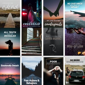 May include: A collage of nine images with motivational quotes and imagery. The images include a wooden bridge, a woman in a red dress, a couple holding hands, a plane flying over a body of water, a staircase, a clock, a web, a road through a forest, a man with his head in his hands, and a woman standing next to a car.