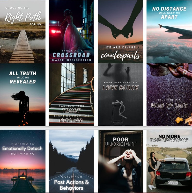 May include: A collage of nine images with motivational quotes and imagery. The images include a wooden bridge, a woman in a red dress, a couple holding hands, a plane flying over a body of water, a staircase, a clock, a web, a road through a forest, a man with his head in his hands, and a woman standing next to a car.