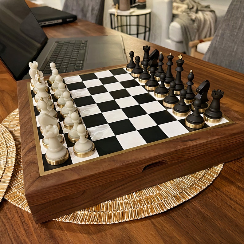 Premium Chess Set, Hand Crafted Chess Sets From Walnut, Leather, Resin And Brass, Chess Set With Board, a Luxury Personalized Gifts