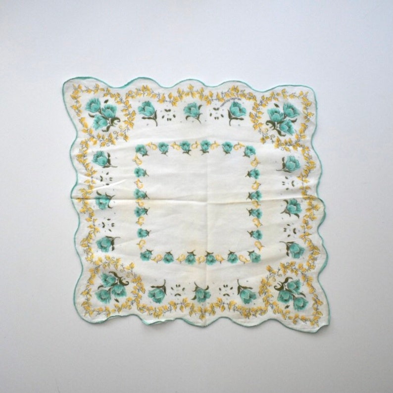 Vintage Blue Tulip and Yellow Leaf Handkerchief