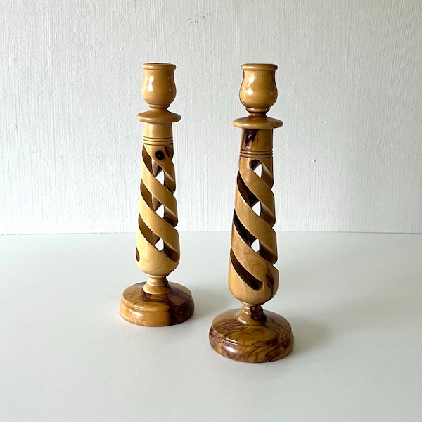 Open Taper Twist Yellow Wood Oversized Candlestick Holders  - Set of 2