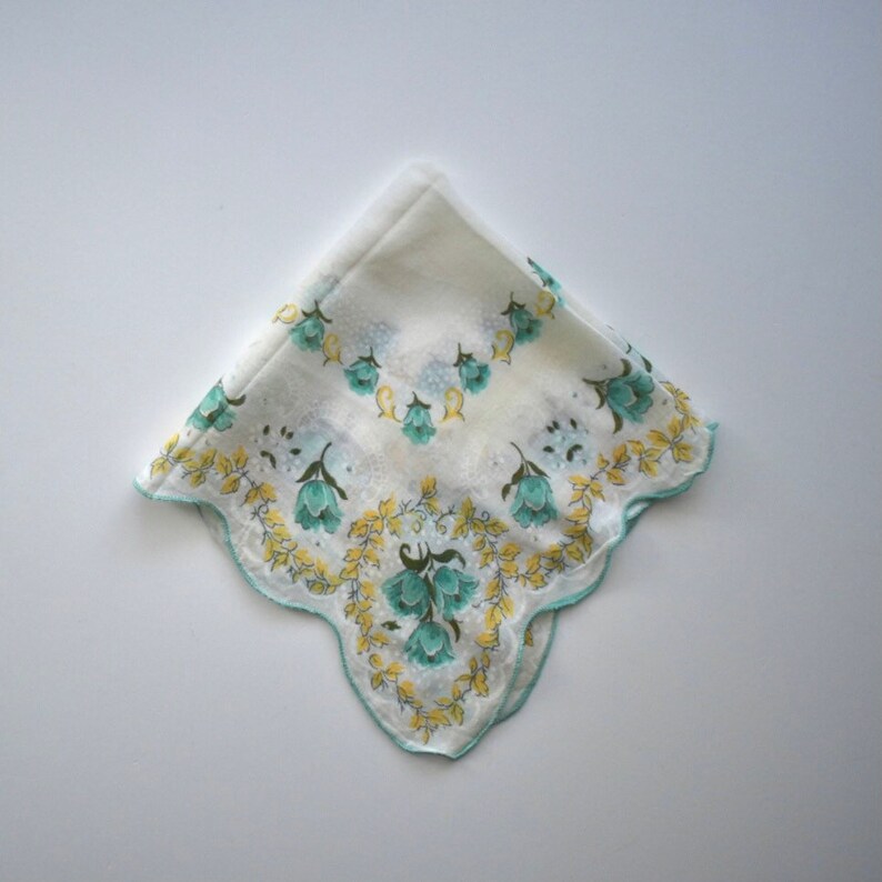 Vintage Blue Tulip and Yellow Leaf Handkerchief