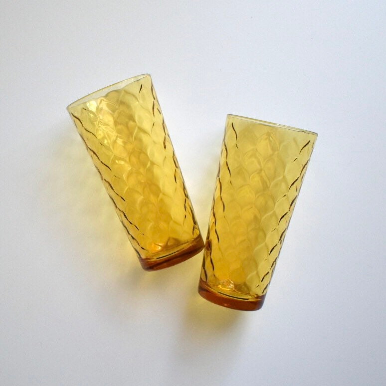 Late 20th Century Yellow Tall Textured Tumbler Glasses- Set of 12