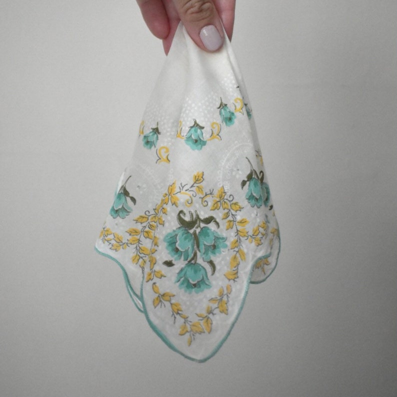 Vintage Blue Tulip and Yellow Leaf Handkerchief