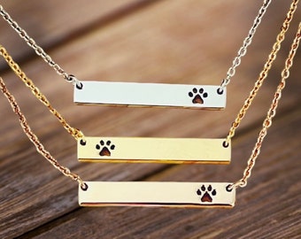 Personalized Horizontal Bar Necklace Paw Print Necklace Name Bar Necklace  Birthday Gift For Teens Wife  Best Friend Dog Paw Animal Lover