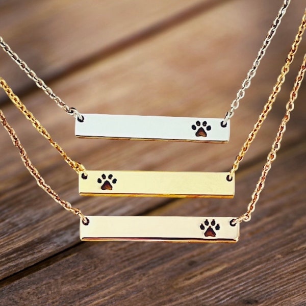 Personalized Horizontal Bar Necklace Paw Print Necklace Name Bar Necklace  Birthday Gift For Teens Wife  Best Friend Dog Paw Animal Lover