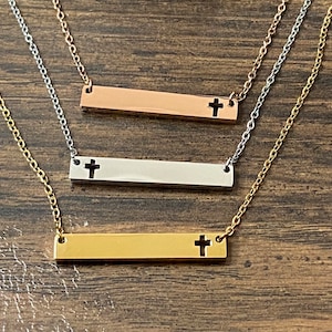 Horizontal Name Bar Necklace With Cross, Gift For Communion, Cross Necklace, Personalized Jewelry, Christian Gifts For Her, Easter Jewelry