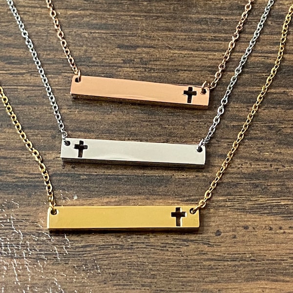 Horizontal Name Bar Necklace With Cross, Gift For Communion, Cross Necklace, Personalized Jewelry, Christian Gifts For Her, Easter Jewelry