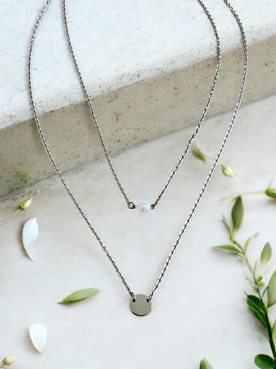 Pearl and Disk Layered Necklace: Personalized Stainless Steel Charm - Etsy
