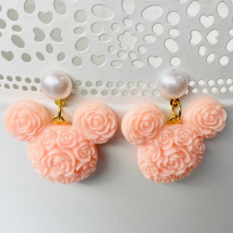 Minnie Mouse inspired rose and pearl earrings. Minnie rose jewelry. Disney valentines jewelry. Epcot festival inspired. image 1