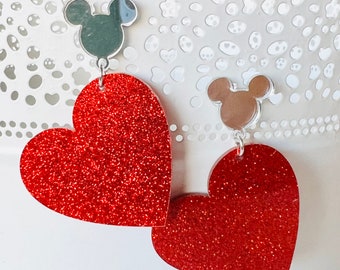 Mickey Mouse inspired large red glitter acrylic heart statement earrings. Mickey statement earrings. Valentine’s Day jewelry.