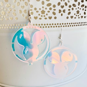 Mickey Balloon 50th anniversary iridescent acrylic statement earrings. Disney 50th anniversary jewelry. Balloon earrings.