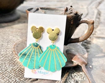 Mickey Mouse inspired gold and green acrylic shell earrings. Mickey statement earrings. Beach jewelry.