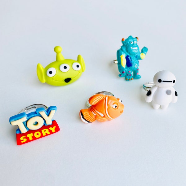 Disney Pixar inspired character adjustable rings. Toy Story ring. Monsters Inc ring. Big Hero Six jewelry. Boys jewelry.