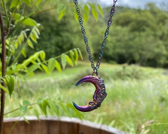 Rainbow Chameleon Moon and Rose Pendant Necklace