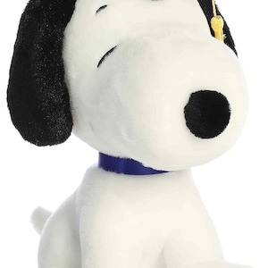 May include: A plush white and black dog wearing a blue graduation cap with a gold tassel. The dog has a black nose, black ears, and a blue collar. The dog is sitting down.