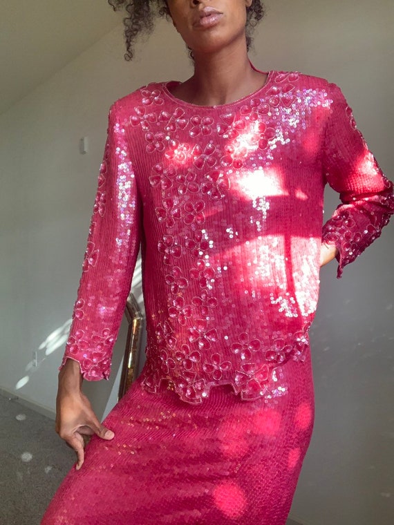 Pink sequined skirt suit