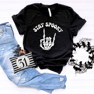 Stay Spooky Shirt, rock on shirt, halloween season, cute halloween tee, spooky tee, cute shirt, skeleton shirt, rock on sign language tshirt