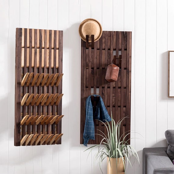 Wall Coat Hook Rack - Set of 2 - Walnut Wood Black Square Metal Hooks for  Hanging Coats - Hat Hooks for Wall - Hat Hangers for Wall Hooks