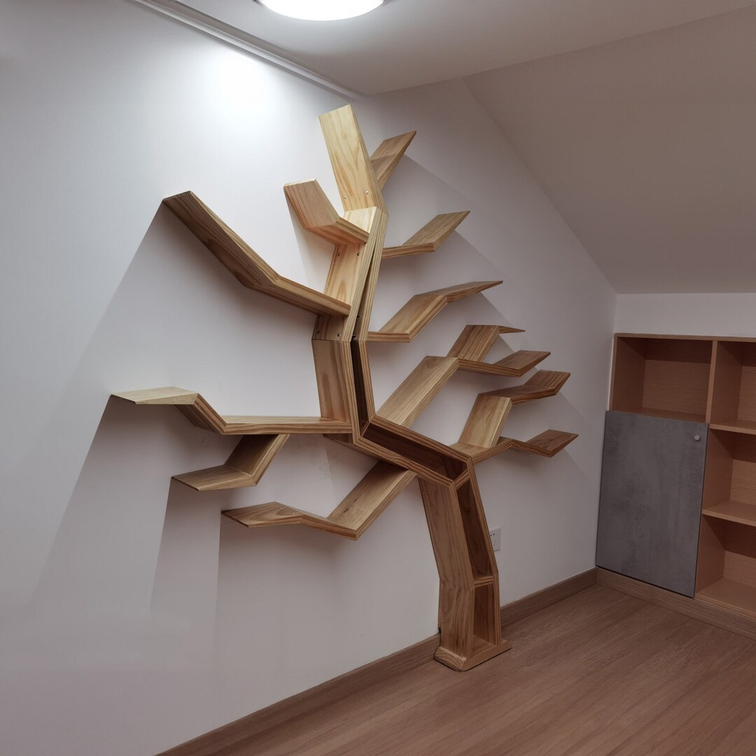 Solid Wood Tree Bookshelf Decor Wall Mount Bookcase Unique Large Custom