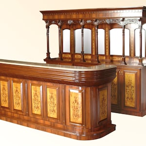 May include: A wooden bar counter with a marble top and intricate carvings. The counter is made of dark wood with a light wood inlay. The back bar is also made of wood and has a mirrored back.