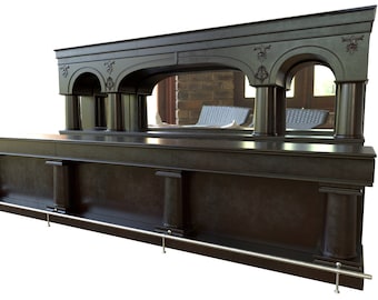 May include: A dark brown wooden bar with a mirrored backsplash and decorative arches. The bar has a built-in footrest and is designed for a home or commercial setting.