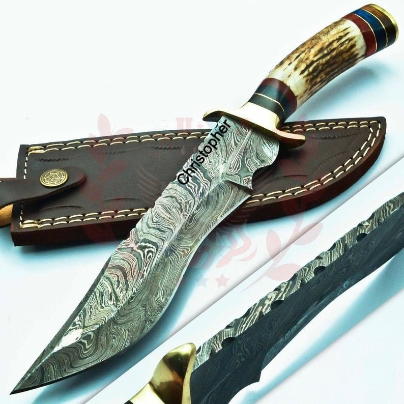 14 Inc Damascus Steel Hunting Knife Handle Deer Antler With Leather Cover  Handle and Clip Shape Could Be Different Then in the Pics -  Ireland