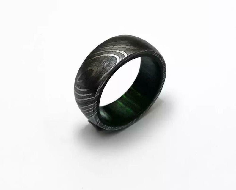 Damascus Steel Ring Whiskey Barrel Wood Ring Mens Wedding | Etsy