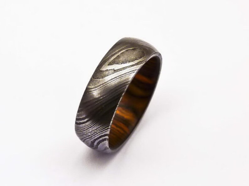 Wood Engagement Handmade Damascus Whisky Barrel Steel Ring Wood Wedding Band Wedding Band Anniversary Ring