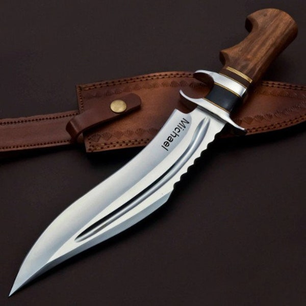 Custom Forged Hunter Knife D2 Steel Bowie Knife Handle Walnut wood With Leather Sheath