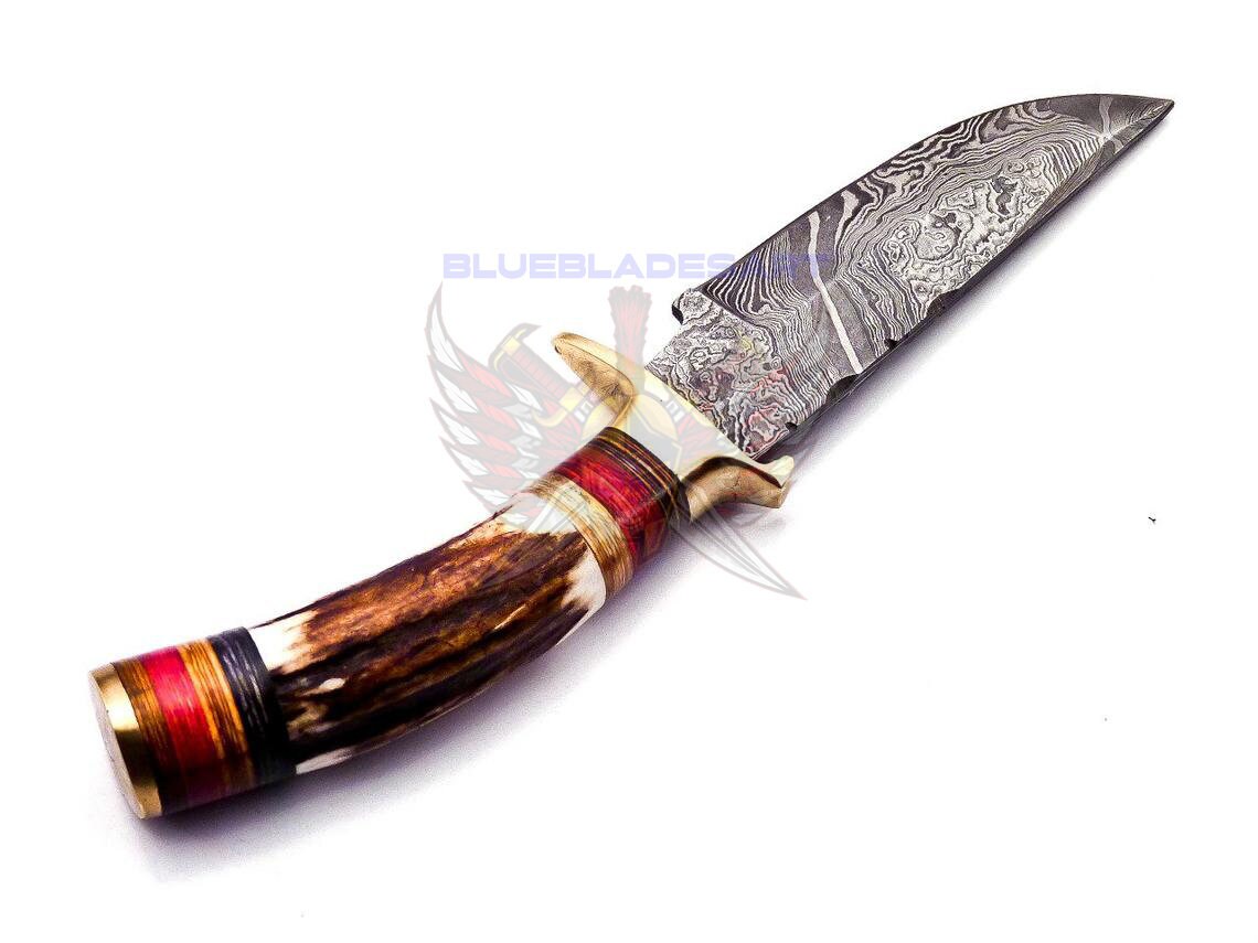 6 Inch Damascus Steel Hunting Knife Handle Deer Antler W Leather C