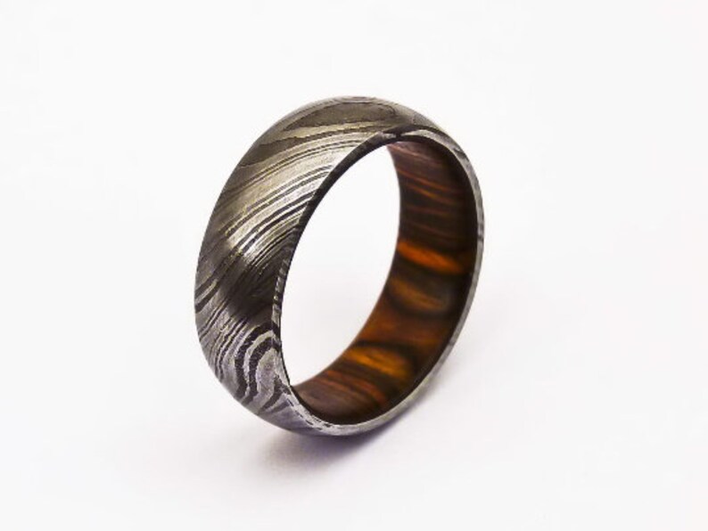 Wood Engagement Handmade Damascus Whisky Barrel Steel Ring Wood Wedding Band Wedding Band Anniversary Ring