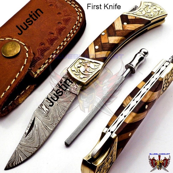 Personalized Custom  Made Damascus Steel Folding Pocket Knife Best Gift for him groomsmen knives Fold knife with Handle Kowa and Tale Wood