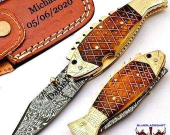 Personalized Custom Damascus Steel Folding knife Fish knife Pocket Knife  Handle Makarta Sheet Best Gift with Leather Sheeth-270