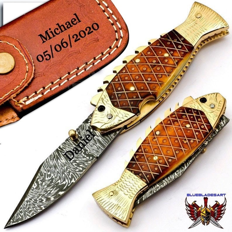 Personalized Custom Damascus Steel Folding Knife Fish Knife Pocket