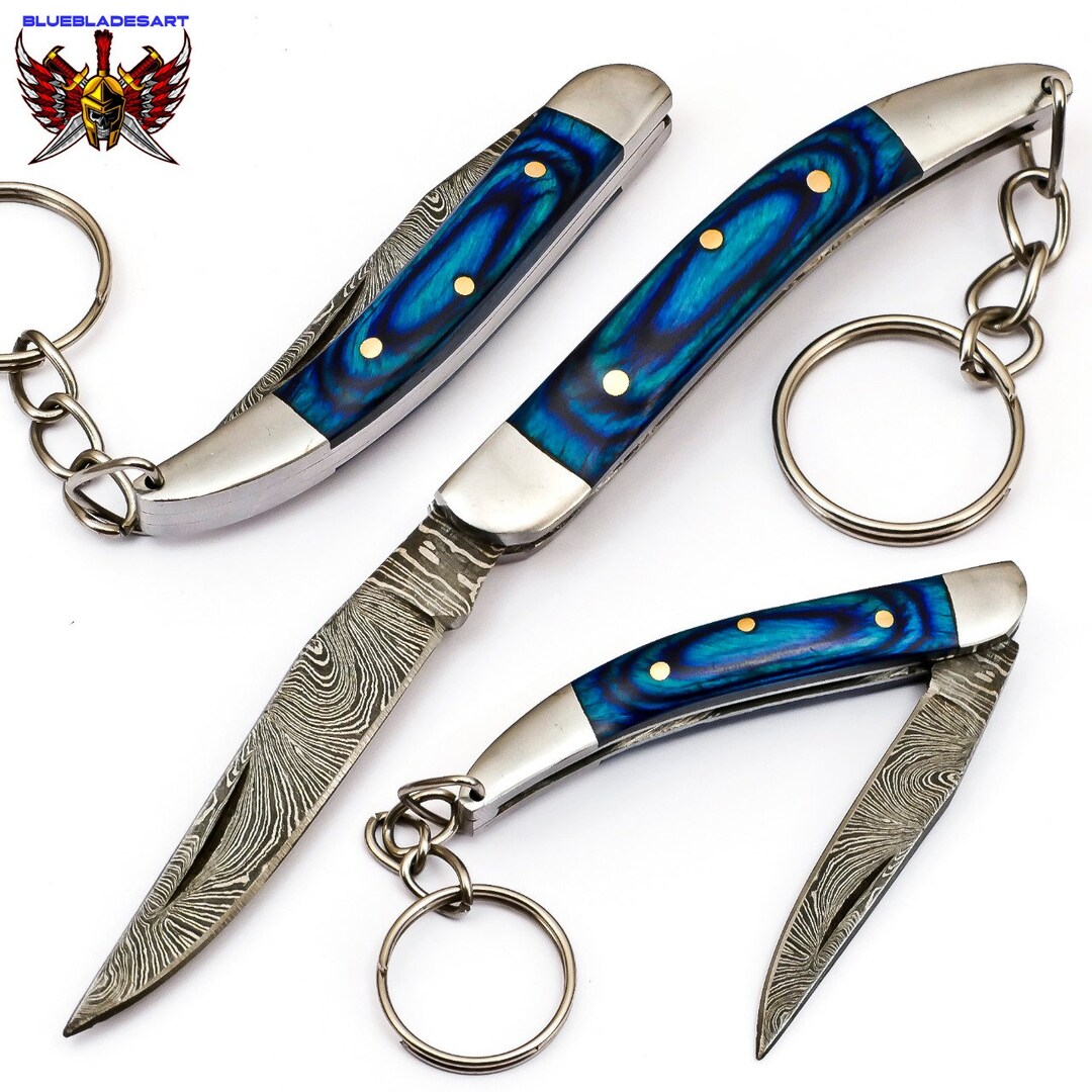 5.50 Pocket Knife Keychain, Damascus Steel, Knife Jewelry, Folding Knife Keychain, Handle