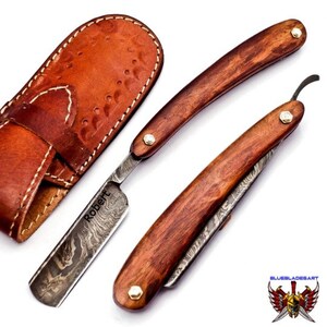 Damascus Folding Pocket Custom Blade Straight Razor very sharp with leather sheath-245