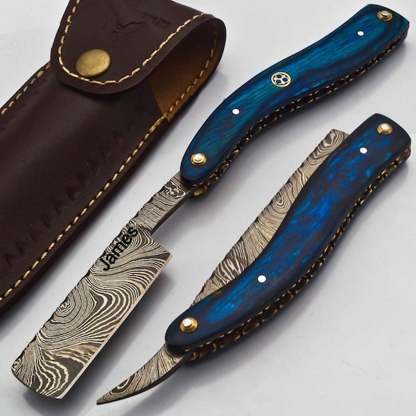 Personalized Damascus Folding Pocket Custom Blade Straight Razor very sharp with leather sheath