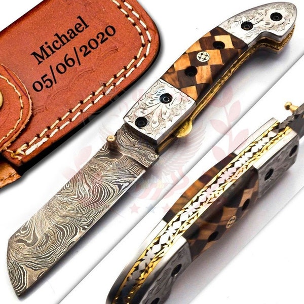 Custom Damascus Steel Folding Pocket Knife with Handle Olive Wood 928