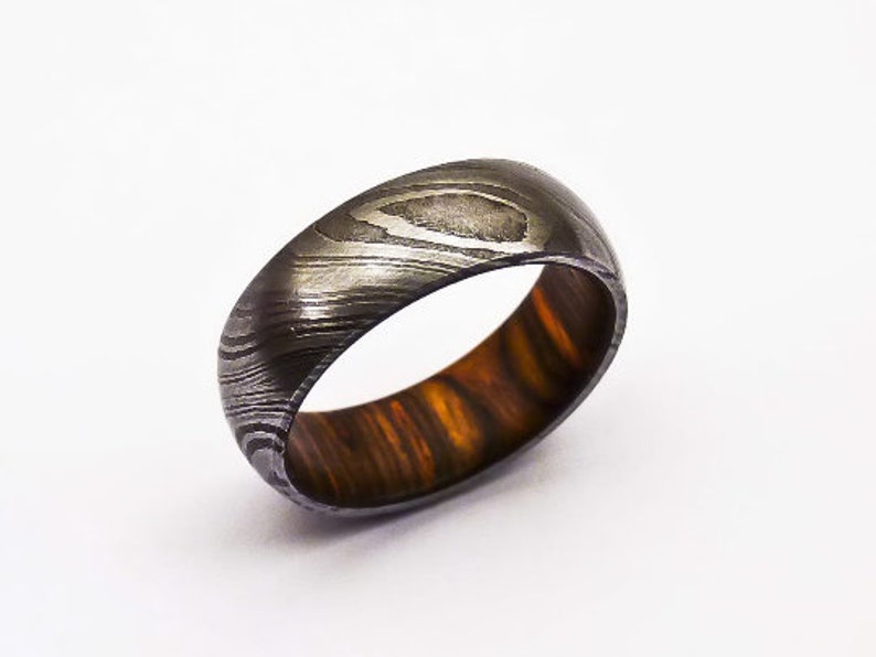 Wood Engagement Handmade Damascus Whisky Barrel Steel Ring Wood Wedding Band Wedding Band Anniversary Ring
