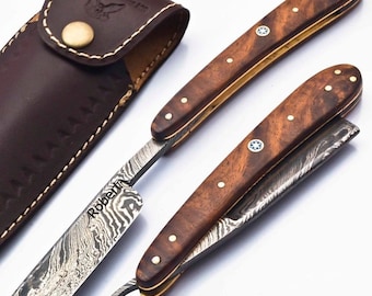 Personalized Damascus Folding Pocket Custom Blade Straight Razor very sharp with leather sheath B-53