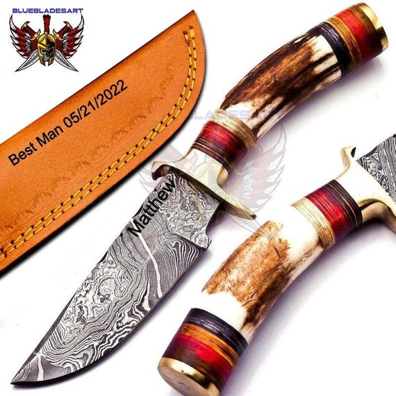 8 Inch Damascus Steel Hunting Knife Handle Deer Antler W Leather Cover  Handle Clip Shape Could Be Different Than in the Picture -  Canada