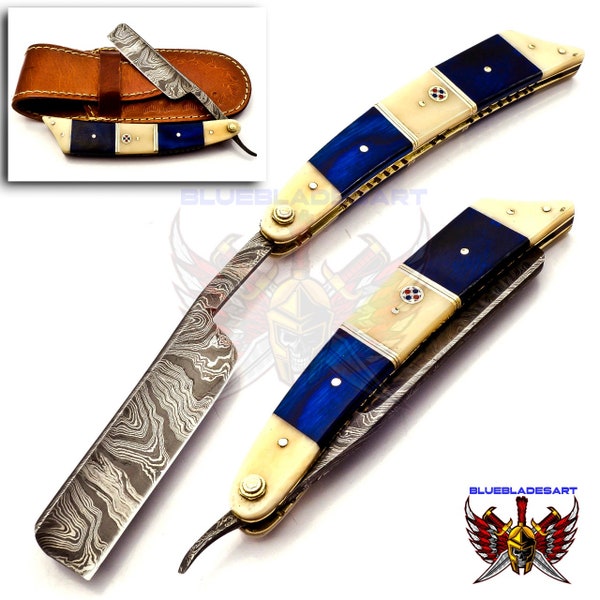 Personalizable Handmade Damascus Folding Pocket Custom hand made Blade Straight Razor very sharp Handle Wood and Bone W leather sheath- 300